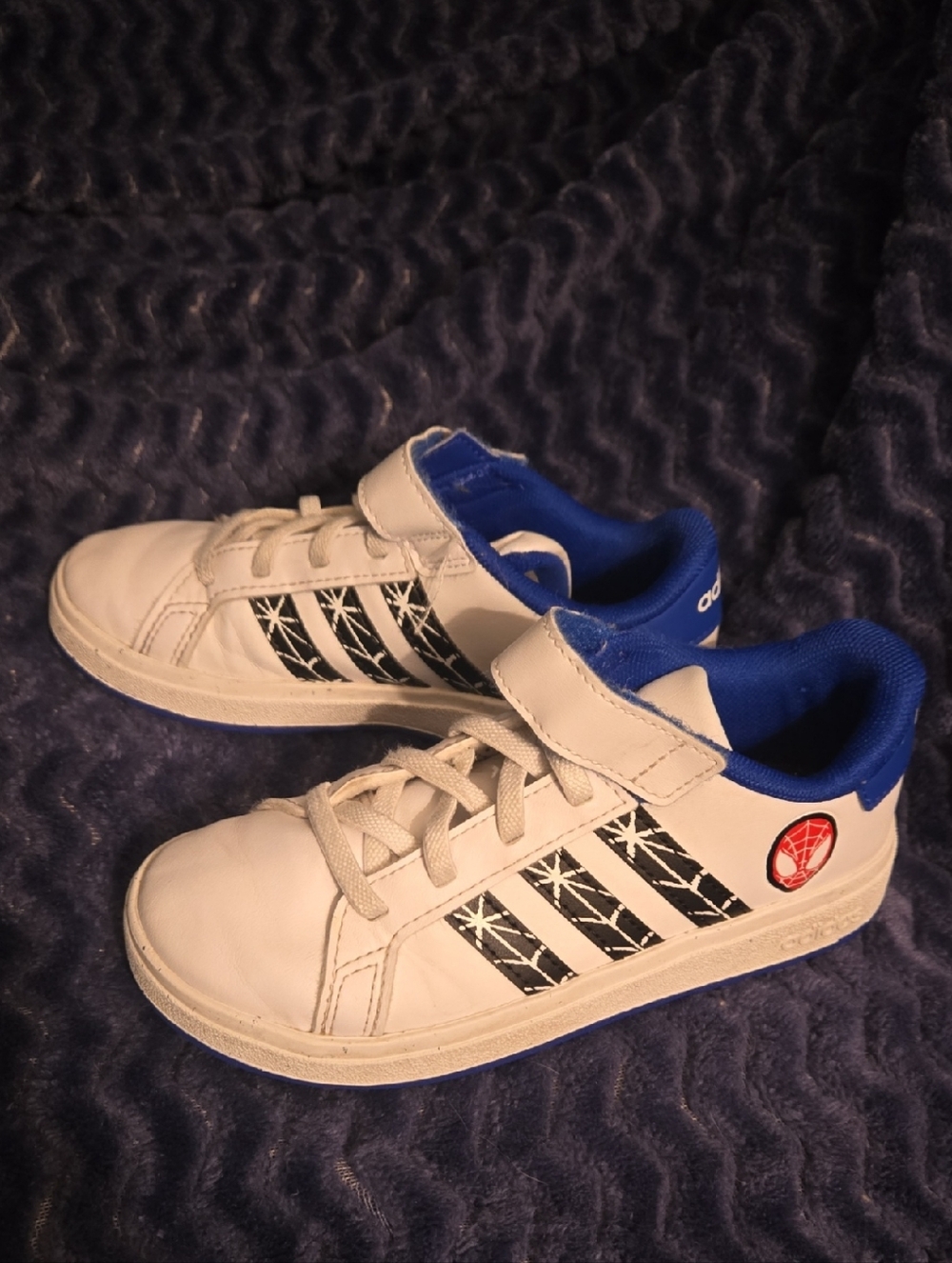 adidas Kids Size 12K White and Blue Spiderman Sneakers with Velcro Strap